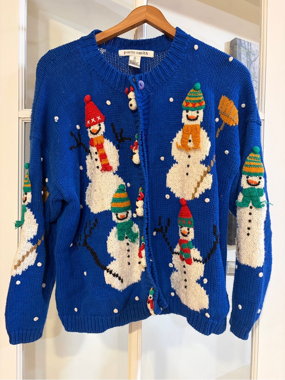 Vintage Paris Smith Christmas Cardigan Sweater Blue Snowman Beaded Embroidered
